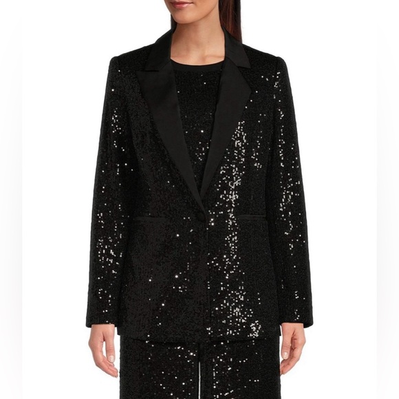Gibson Latimer Black Sequin Knit Coordinating Long Sleeve Satin Contrast Blazer - Picture 5 of 10